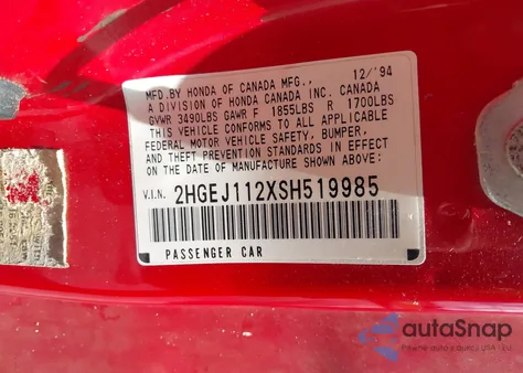 1995 Honda Civic Ex from USA, damaged, VIN 2HGEJ112XSH519985